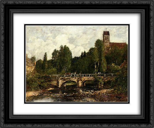 Saint-Cenery, the Church and the Bridge 24x20 Black Ornate Wood Framed Art Print Poster with Double Matting by Boudin, Eugene