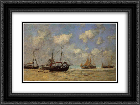 Scheveningen, Boats Aground on the Shore 24x18 Black Ornate Wood Framed Art Print Poster with Double Matting by Boudin, Eugene