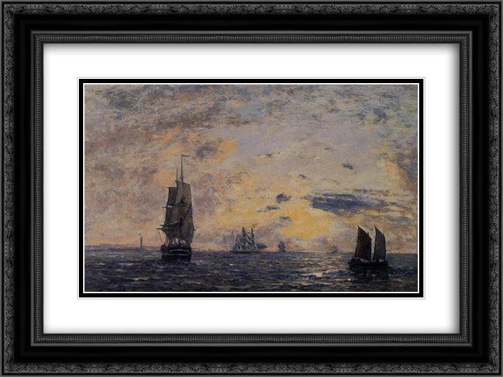 Seascape, Fishing Boats 24x18 Black Ornate Wood Framed Art Print Poster with Double Matting by Boudin, Eugene