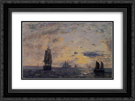Seascape, Fishing Boats 24x18 Black Ornate Wood Framed Art Print Poster with Double Matting by Boudin, Eugene