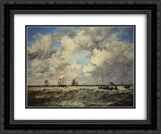 Seascape, Les Lamaneurs 24x20 Black Ornate Wood Framed Art Print Poster with Double Matting by Boudin, Eugene