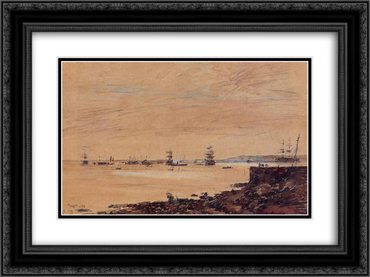 Seascape 24x18 Black Ornate Wood Framed Art Print Poster with Double Matting by Boudin, Eugene