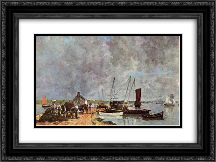 Seehafen 24x18 Black Ornate Wood Framed Art Print Poster with Double Matting by Boudin, Eugene