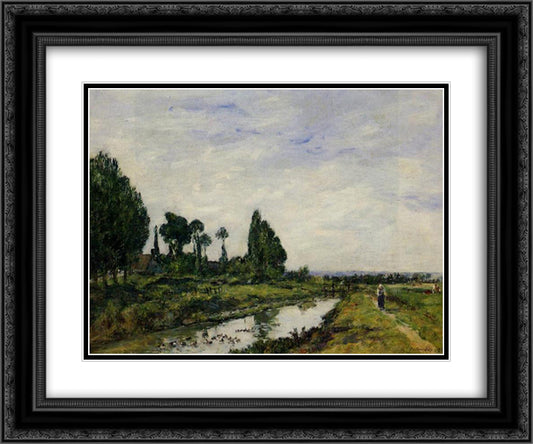 Small Canal at Quilleboeuf 24x20 Black Ornate Wood Framed Art Print Poster with Double Matting by Boudin, Eugene