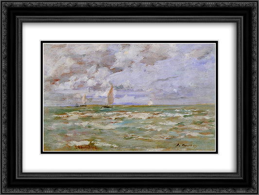 Standing off Deauville 24x18 Black Ornate Wood Framed Art Print Poster with Double Matting by Boudin, Eugene