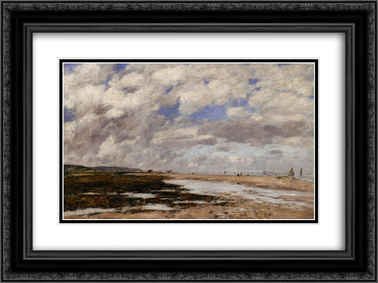 The Beach, Deauville 24x18 Black Ornate Wood Framed Art Print Poster with Double Matting by Boudin, Eugene