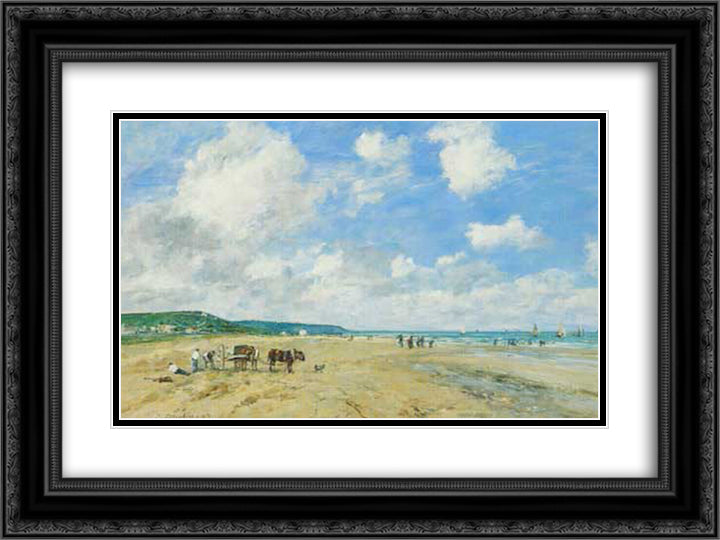 The beach at Deauville 24x18 Black Ornate Wood Framed Art Print Poster with Double Matting by Boudin, Eugene
