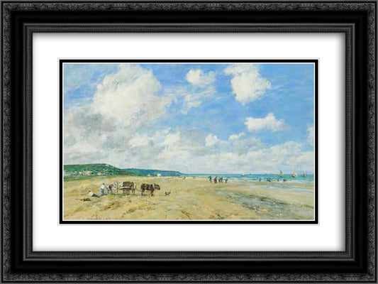 The beach at Deauville 24x18 Black Ornate Wood Framed Art Print Poster with Double Matting by Boudin, Eugene