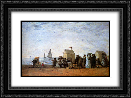 The beach at Trouville 24x18 Black Ornate Wood Framed Art Print Poster with Double Matting by Boudin, Eugene