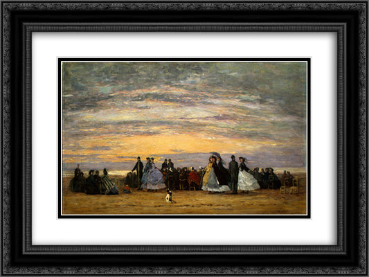 The Beach at Villerville 24x18 Black Ornate Wood Framed Art Print Poster with Double Matting by Boudin, Eugene