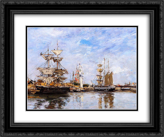 The Deauville Basin 24x20 Black Ornate Wood Framed Art Print Poster with Double Matting by Boudin, Eugene