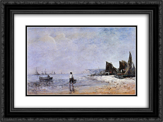 The Fisherman, Low Tide 24x18 Black Ornate Wood Framed Art Print Poster with Double Matting by Boudin, Eugene