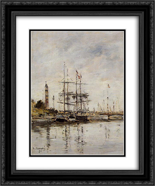 The Harbor at Deauville 20x24 Black Ornate Wood Framed Art Print Poster with Double Matting by Boudin, Eugene