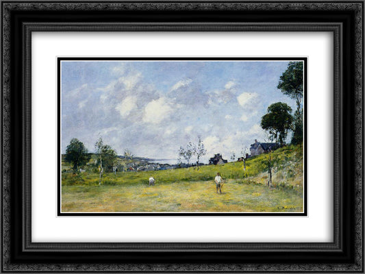 The Harvest near Trouville 24x18 Black Ornate Wood Framed Art Print Poster with Double Matting by Boudin, Eugene