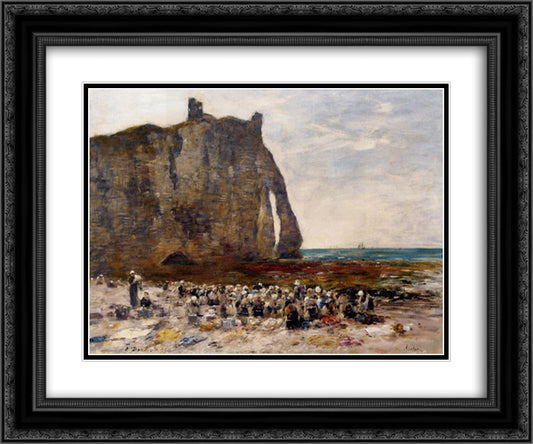 The Laundresses of Etretat 24x20 Black Ornate Wood Framed Art Print Poster with Double Matting by Boudin, Eugene
