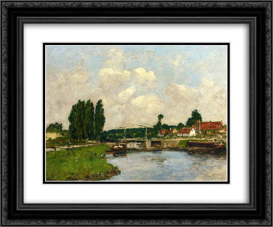 The Lock at Saint-Valery-sur-Somme 24x20 Black Ornate Wood Framed Art Print Poster with Double Matting by Boudin, Eugene