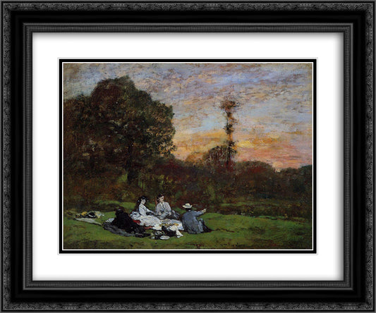 The Manet Family picnicking 24x20 Black Ornate Wood Framed Art Print Poster with Double Matting by Boudin, Eugene