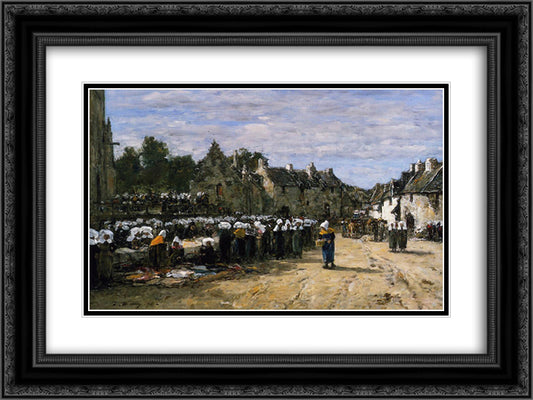 The Market at Landenneau 24x18 Black Ornate Wood Framed Art Print Poster with Double Matting by Boudin, Eugene