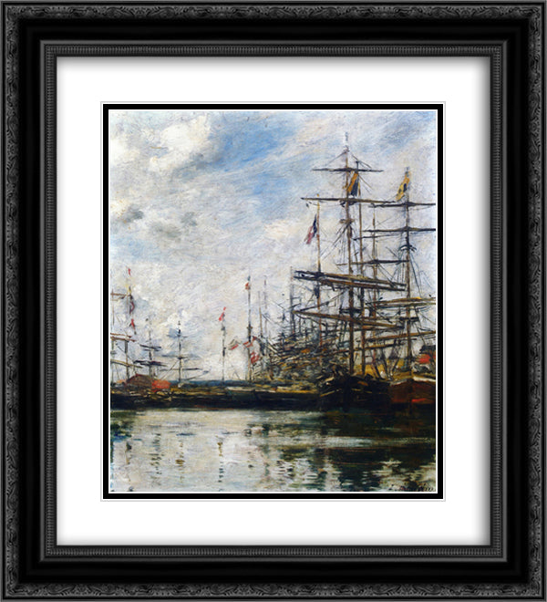 The Port, Ships at Dock 20x22 Black Ornate Wood Framed Art Print Poster with Double Matting by Boudin, Eugene