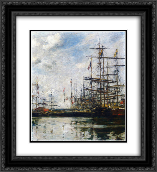 The Port, Ships at Dock 20x22 Black Ornate Wood Framed Art Print Poster with Double Matting by Boudin, Eugene