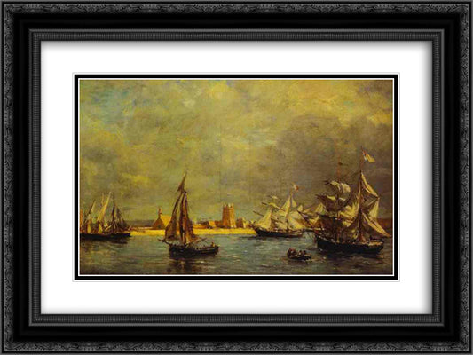 The Port of Camaret 24x18 Black Ornate Wood Framed Art Print Poster with Double Matting by Boudin, Eugene