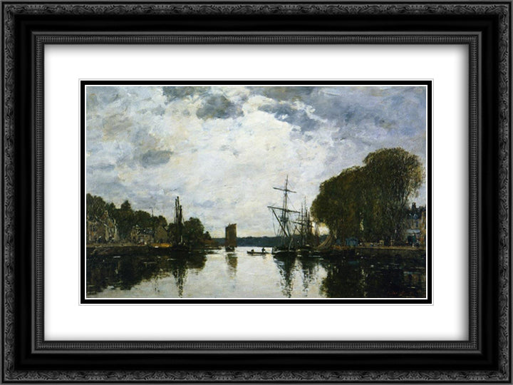 The Port of Landerneau - Finistere 24x18 Black Ornate Wood Framed Art Print Poster with Double Matting by Boudin, Eugene