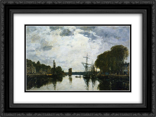 The Port of Landerneau - Finistere 24x18 Black Ornate Wood Framed Art Print Poster with Double Matting by Boudin, Eugene