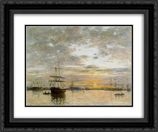 The Port of Le Havre at Sunset 24x20 Black Ornate Wood Framed Art Print Poster with Double Matting by Boudin, Eugene