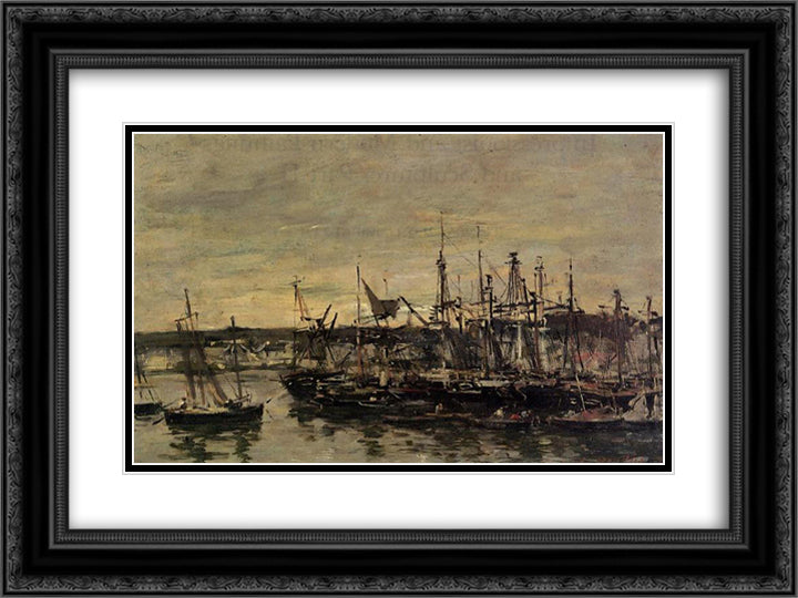 The port Portrieux 24x18 Black Ornate Wood Framed Art Print Poster with Double Matting by Boudin, Eugene