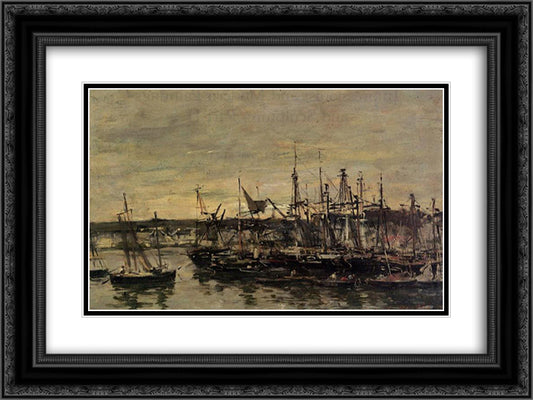 The port Portrieux 24x18 Black Ornate Wood Framed Art Print Poster with Double Matting by Boudin, Eugene