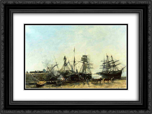 The port Portrieux at low tide unloading fish 24x18 Black Ornate Wood Framed Art Print Poster with Double Matting by Boudin, Eugene