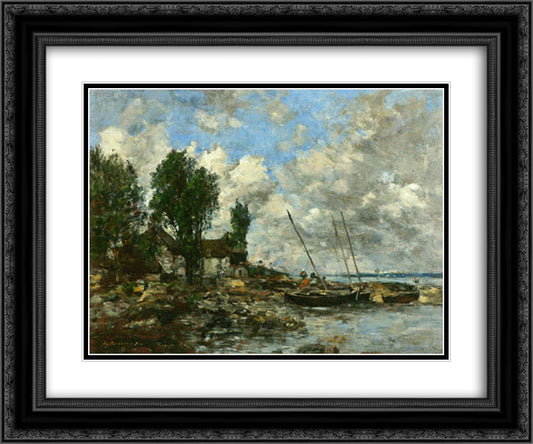 The Shore at Plougastel 24x20 Black Ornate Wood Framed Art Print Poster with Double Matting by Boudin, Eugene