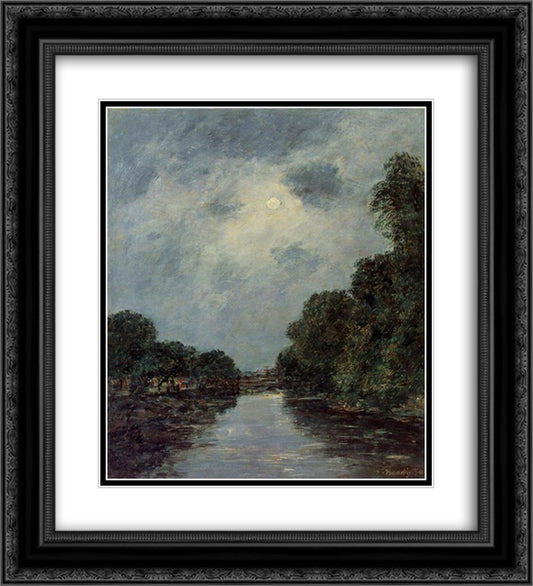 The Somme near D'Abbeville - Moonlight 20x22 Black Ornate Wood Framed Art Print Poster with Double Matting by Boudin, Eugene