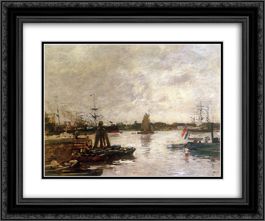 The Spanish quay in Rotterdam Sun 24x20 Black Ornate Wood Framed Art Print Poster with Double Matting by Boudin, Eugene