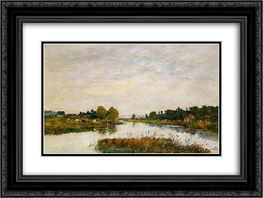 The Still River at Deauville 24x18 Black Ornate Wood Framed Art Print Poster with Double Matting by Boudin, Eugene