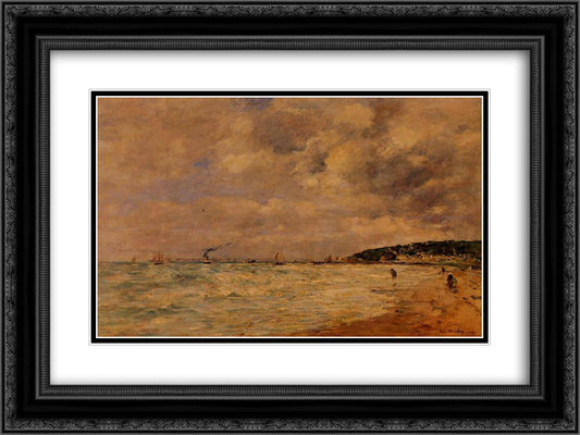 The Tourgeville Shores 24x18 Black Ornate Wood Framed Art Print Poster with Double Matting by Boudin, Eugene