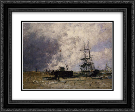 The Trouville Coastline, Low tide 24x20 Black Ornate Wood Framed Art Print Poster with Double Matting by Boudin, Eugene