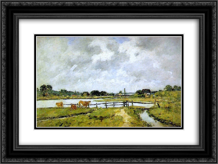 The Valley of the Touques. Cows in the Meadow. 24x18 Black Ornate Wood Framed Art Print Poster with Double Matting by Boudin, Eugene
