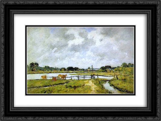 The Valley of the Touques. Cows in the Meadow. 24x18 Black Ornate Wood Framed Art Print Poster with Double Matting by Boudin, Eugene