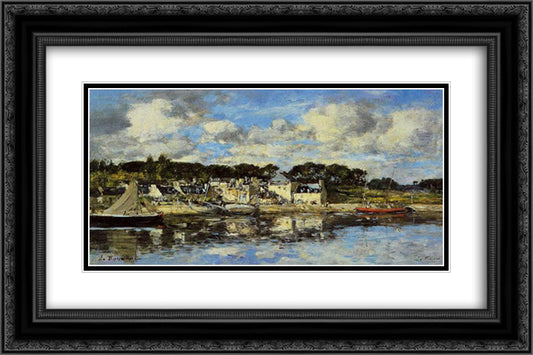 The Village and the Port on the River 24x16 Black Ornate Wood Framed Art Print Poster with Double Matting by Boudin, Eugene