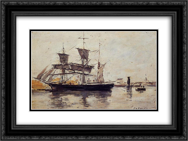 Three Masted Ship at Dock 24x18 Black Ornate Wood Framed Art Print Poster with Double Matting by Boudin, Eugene
