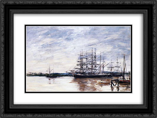 Three Masted Ship in Port, Bordeaux 24x18 Black Ornate Wood Framed Art Print Poster with Double Matting by Boudin, Eugene