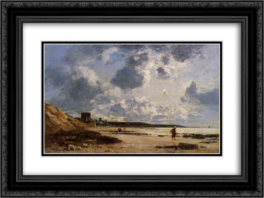 Trouville, Black Rocks 24x18 Black Ornate Wood Framed Art Print Poster with Double Matting by Boudin, Eugene