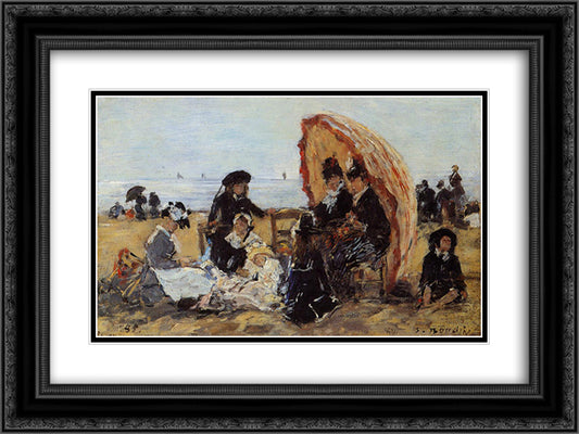 Trouville, on the Beach Sheltered by a Parasol 24x18 Black Ornate Wood Framed Art Print Poster with Double Matting by Boudin, Eugene