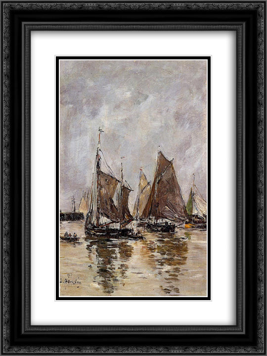 Trouville, Sardine Boats Getting Underway 18x24 Black Ornate Wood Framed Art Print Poster with Double Matting by Boudin, Eugene