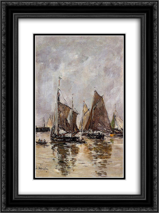 Trouville, Sardine Boats Getting Underway 18x24 Black Ornate Wood Framed Art Print Poster with Double Matting by Boudin, Eugene
