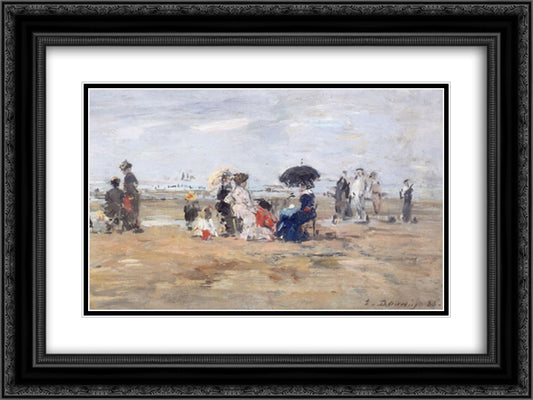 Trouville, scene on the beach 24x18 Black Ornate Wood Framed Art Print Poster with Double Matting by Boudin, Eugene