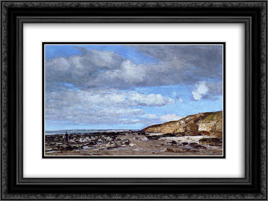Trouville, Shore and Rocks 24x18 Black Ornate Wood Framed Art Print Poster with Double Matting by Boudin, Eugene