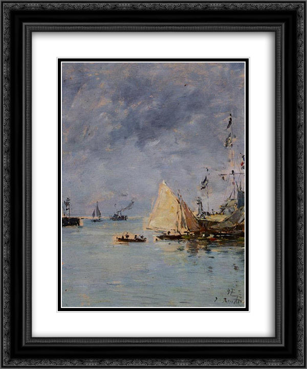 Trouville. The Jettys High Tide. 20x24 Black Ornate Wood Framed Art Print Poster with Double Matting by Boudin, Eugene