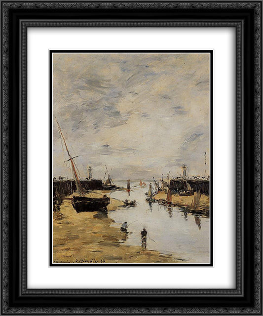 Trouville. The Jettys Low Tide. 20x24 Black Ornate Wood Framed Art Print Poster with Double Matting by Boudin, Eugene